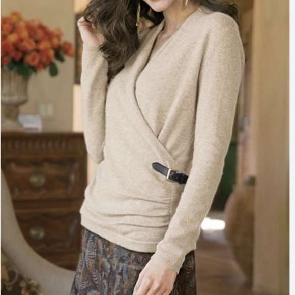 Soft Surroundings Luxe Cashmere Crossover Wrap Sweater Size Small Oatmeal EUC - Picture 1 of 6